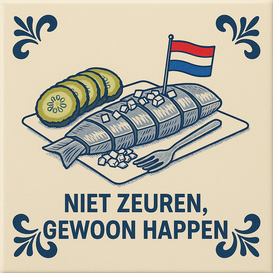 Niet Zeuren, gewoon happen - Delfts Blauwe Tegel met Humor