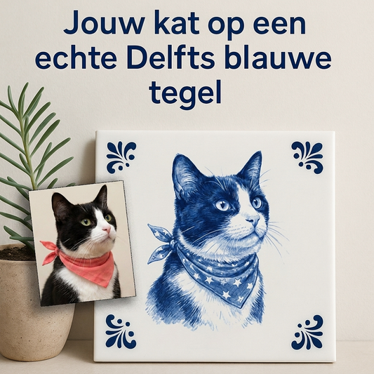 Jouw kat op een echte Delfts blauwe tegel