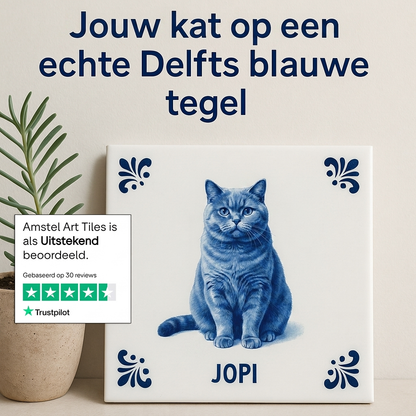 Jouw kat op een echte Delfts blauwe tegel Jopi
