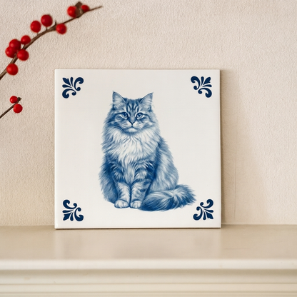 Delfts blauwe kattentegel op schouw