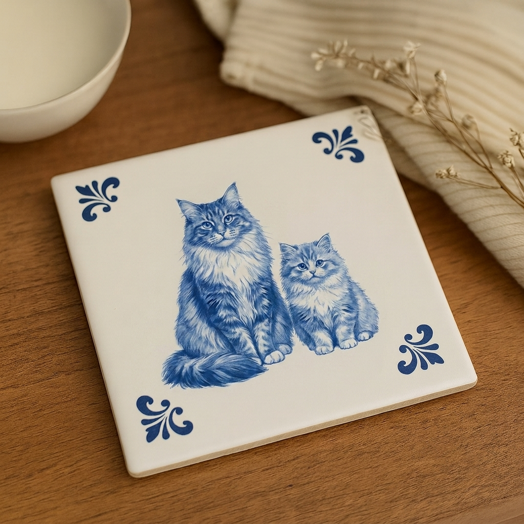 Delfts blauwe tegel met twee katten