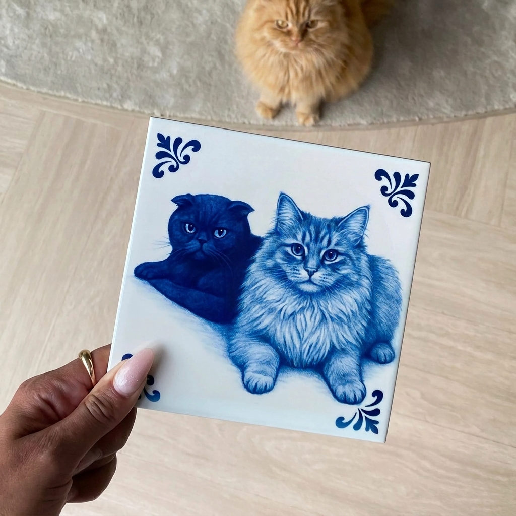 Delfts blauwe tegel met twee katten in hand