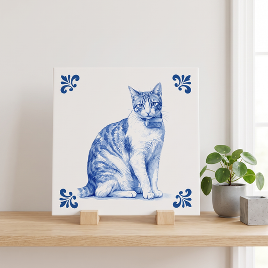 Delfts blauw tegelontwerp met kat