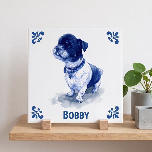Delfts blauwe tegel met hond Bobby