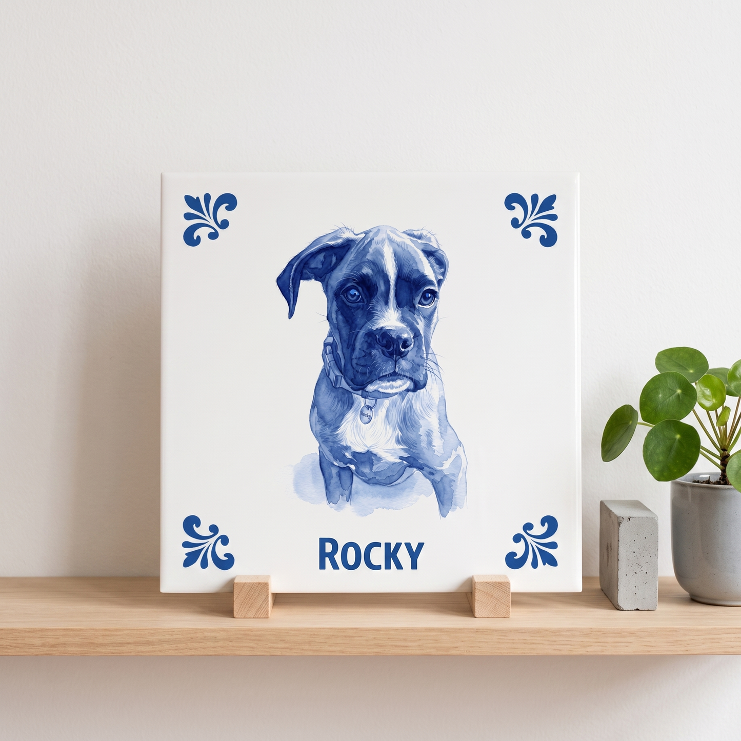 Delfts blauwe tegel met portret van hond Rocky