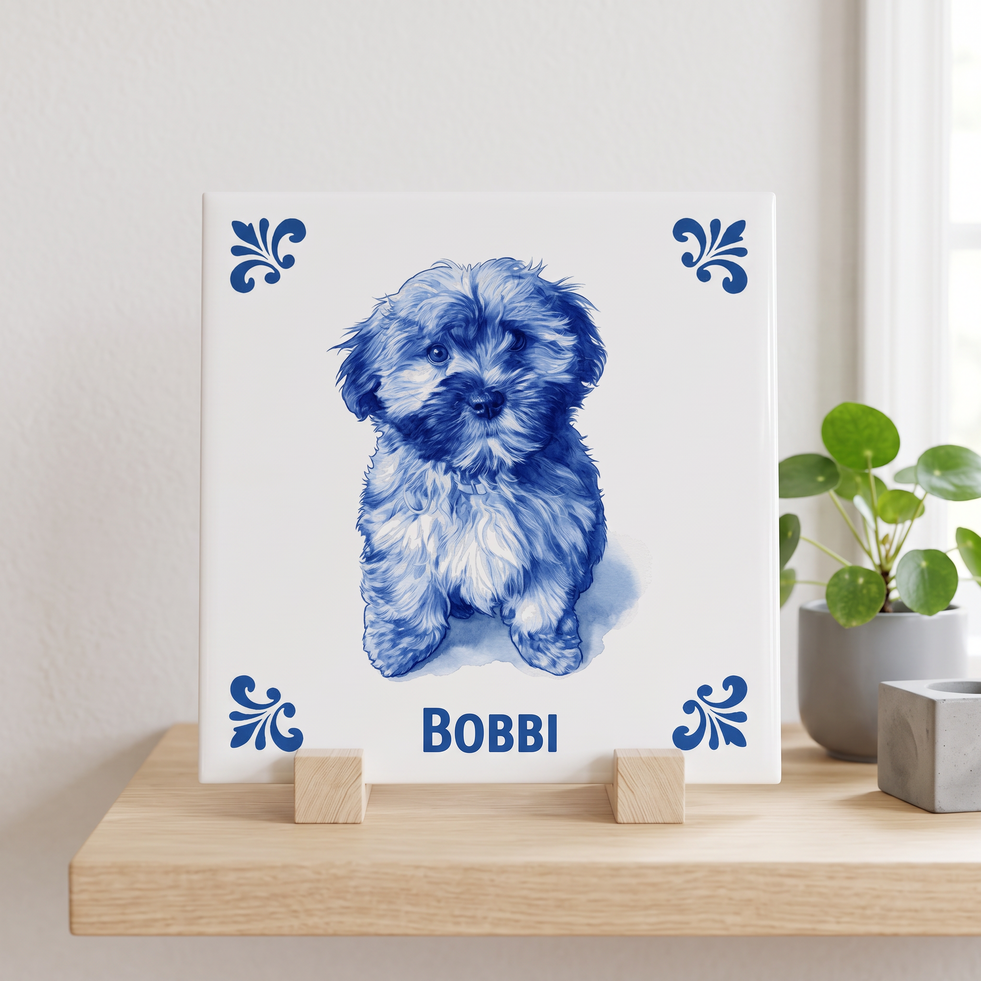 Delfts blauwe tegel met hond Bobbi